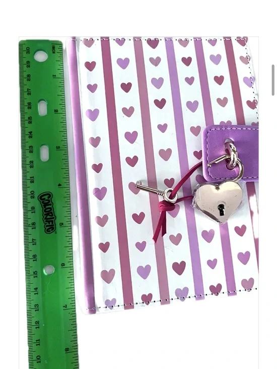 Notebook Journal Diary with Heart Lock & Key Pink Hearts & Stripes on White. - Picture 14 of 15